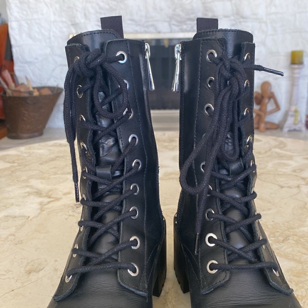 Zara Black Leather Military Lace Up Chunky Ankle Boots With Studs - Picture 10 of 14